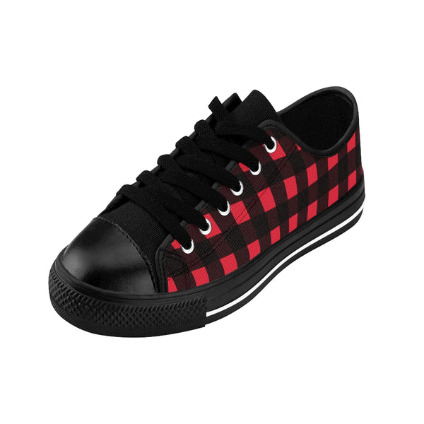 Red Buffalo Plaid Men's Sneakers, Preppy Low Top Shoes For Men-Shoes-Printify-Heidi Kimura Art LLC Black Red Plaid Men's Sneakers, Buffalo Plaid Preppy Men's Low Tops, Premium Men's Nylon Canvas Tennis Fashion Sneakers Shoes (US Size: 7-14)