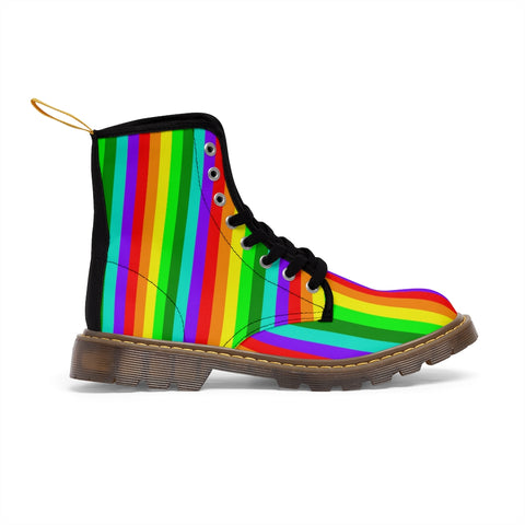 Rainbow Stripe Women's Canvas Boots, Striped Animal Print Winter Boots For Ladies-Shoes-Printify-Brown-US 9-Heidi Kimura Art LLC Rainbow Stripe Women's Canvas Boots, Striped Modern Gay Pride Modern Essential Casual Fashion Hiking Boots, Canvas Hiker's Shoes For Mountain Lovers, Stylish Premium Combat Boots, Designer Women's Winter Lace-up Toe Cap Hiking Boots Shoes For Women (US Size 6.5-11)