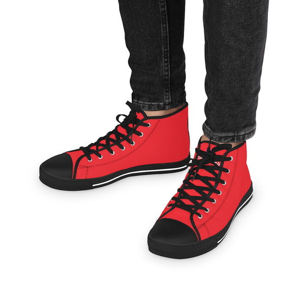 Red Color Men's High Tops, Red Modern Minimalist Solid Color Best Men's High Top Laced Up Black or White Style Breathable Fashion Canvas Sneakers Tennis Athletic Style Shoes For Men (US Size: 5-14)