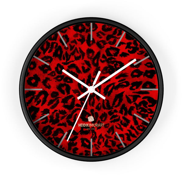 Red Leopard Animal Print 10" Diameter Large Wall Clock- Made in USA-Wall Clock-10 in-Black-White-Heidi Kimura Art LLC
