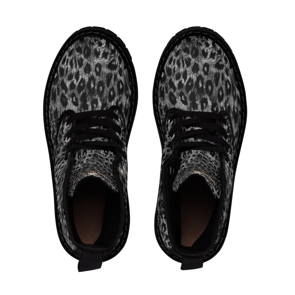 Black Leopard Women's Canvas Boots, Best Leopard Animal Print Winter Boots For Ladies-Shoes-Printify-Heidi Kimura Art LLC