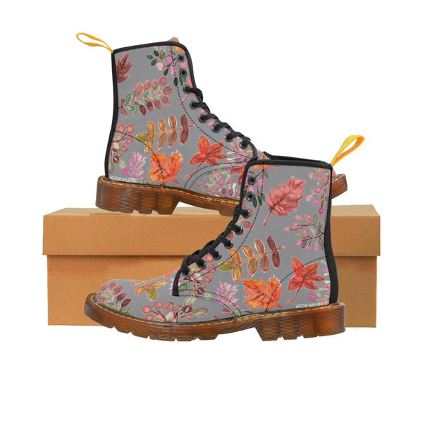 Gray Fall Leaves Women's Boots, Grey Autumn Fall Leaves Print Women's Boots, Combat Boots, Designer Women's Winter Lace-up Toe Cap Hiking Boots Shoes For Women (US Size 6.5-11) Fall Leaves Fashion Canvas Shoes, Fall Leaves Print Winter Boots, Autumn Leaves Printed Boots For Ladies, Colorful Boots For Women