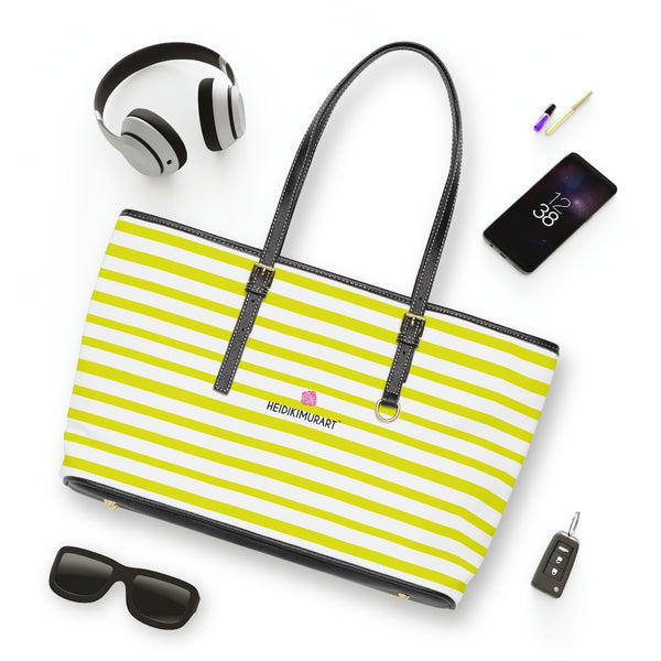 Best Yellow Stripes Tote Bag, Best Stylish Yellow and White Striped PU Leather Shoulder Large Spacious Durable Hand Work Bag 17"x11"/ 16"x10" With Gold-Color Zippers & Buckles & Mobile Phone Slots & Inner Pockets, All Day Large Tote Luxury Best Sleek and Sophisticated Cute Work Shoulder Bag For Women With Outside And Inner Zippers