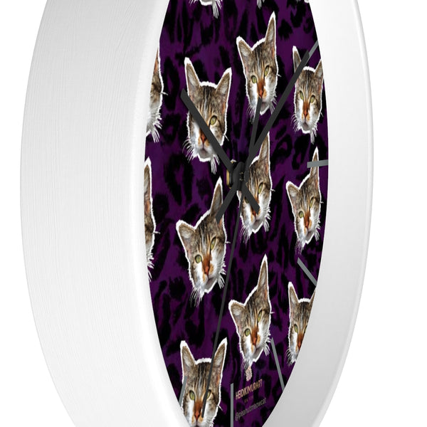 Purple Cat Print Wall Clock, Leopard Print Calico Cat Large Indoor Clocks- Made in USA-Wall Clock-Heidi Kimura Art LLC