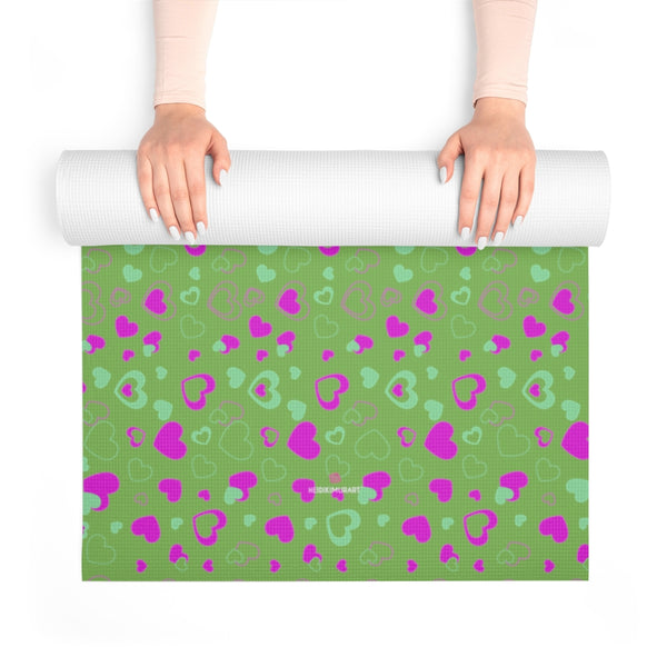Green Hearts Foam Yoga Mat, Green and Pink Hearts Pattern Valentine's Day Special Best Fashion Stylish Lightweight 0.25" thick Best Designer Gym or Exercise Sports Athletic Yoga Mat Workout Equipment - Printed in USA (Size: 24″x72")