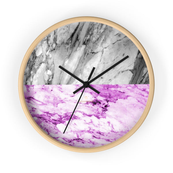 Pink Gray White Marble Print Art Large Indoor Designer 10" dia. Wall Clock-Made in USA-Wall Clock-10 in-Wooden-Black-Heidi Kimura Art LLC