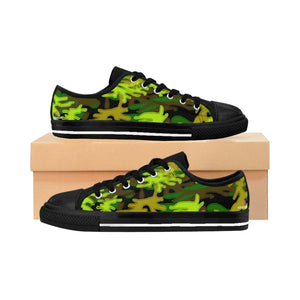Black Camo Print Women's Sneakers, Black Green Army Military Camouflage Printed Designer Best Fashion Low Top Canvas Lightweight Premium Quality Women's Sneakers (US Size: 6-12)