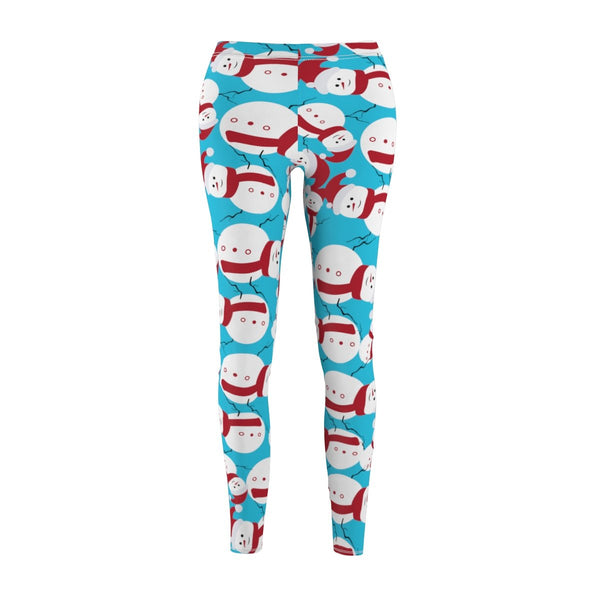 Light Blue Red Fluffy Happy Cute Snowman Women's Christmas Casual Leggings-Casual Leggings-Heidi Kimura Art LLC