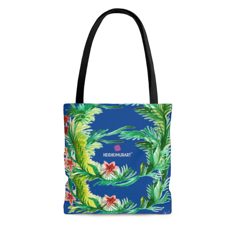 Dark Blue Floral Tote Bag, Flower Print Fall Themed Flower Print Designer Colorful Square 13"x13", 16"x16", 18"x18" Premium Quality Market Tote Bag - Made in USA