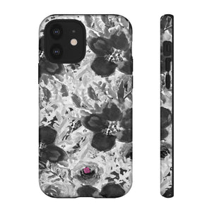 Grey Floral Designer Tough Cases, Rose Flower Print Best Designer Case Mate Best Tough Phone Case For iPhones and Samsung Galaxy Devices-Made in USA