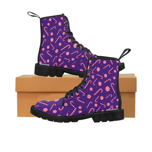 Purple Christmas Women's Canvas Boots, Purple Red Candy Cane Color Laced Up Winter Fashion Boots, Classic Christmas Festive Holiday Party Fun Designer Women's Winter Lace-up Toe Cap Ankle Hiking Boots (US Size 6.5-11) Casual Fashion Winter Boots For Ladies