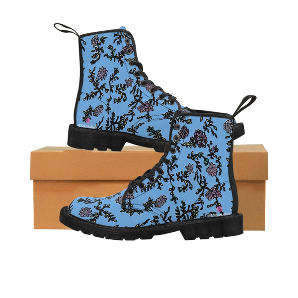Pastel Blue Floral Women's Boots, Purple Floral Women's Boots, Flower Print Elegant Feminine Casual Fashion Gifts, Flower Rose Print Shoes For Flower Lovers, Combat Boots, Designer Women's Winter Lace-up Toe Cap Hiking Boots Shoes For Women (US Size 6.5-11) Black Floral Boots, Floral Boots Womens, Vintage Style Floral Boots 