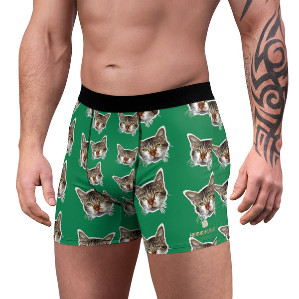 Green Cat Print Men's Underwear, Cute Cat Boxer Briefs For Men, Sexy Hot Men's Boxer Briefs Hipster Lightweight 2-sided Soft Fleece Lined Fit Underwear - (US Size: XS-3XL) Cat Boxers For Men/ Guys, Men's Boxer Briefs Cute Cat Print Underwear