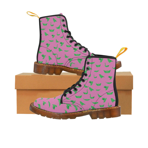 Pink Crane Men Hiker Boots, Designer Men's Laced Up Water Resistant Canvas Boots For Men