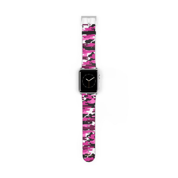 Pink White Camo Army Print 38mm/42mm Watch Band For Apple Watch- Made in USA-Watch Band-42 mm-Silver Matte-Heidi Kimura Art LLC