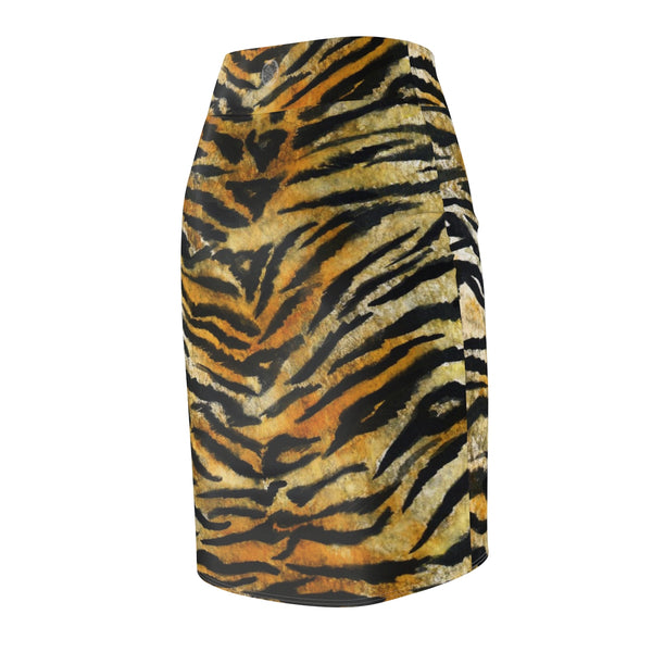 Tiger Striped Print Women's Pencil Skirt, Orange Brown Animal Print Pencil Skirt -Made in USA-Pencil Skirt-Heidi Kimura Art LLC