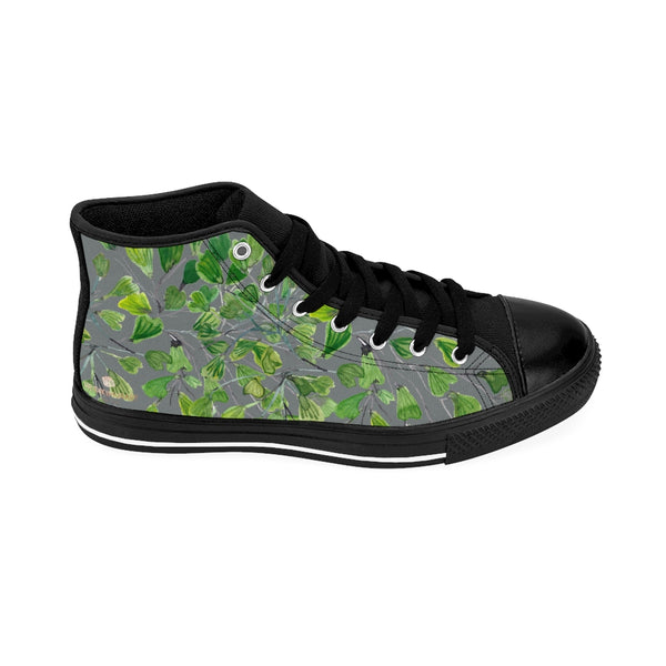 Grey Fern Men's High-top Sneakers, Green Cute Maidenhair Leaf Print Designer Men's High-top Sneakers Running Tennis Shoes, Fern Leaves Designer High Tops, Mens Floral Shoes, Tropical Leaf Print Sneakers (US Size: 6-14)