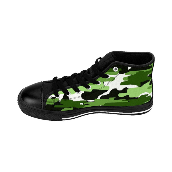 Green Camo Print Men's Sneakers, Green White Camouflage Army Military Print Designer Men's Shoes, Men's High Top Sneakers US Size 6-14, Mens High Top Casual Shoes, Unique Fashion Tennis Shoes, Camo Print Printed Sneakers Shoes (US Size: 6-14)