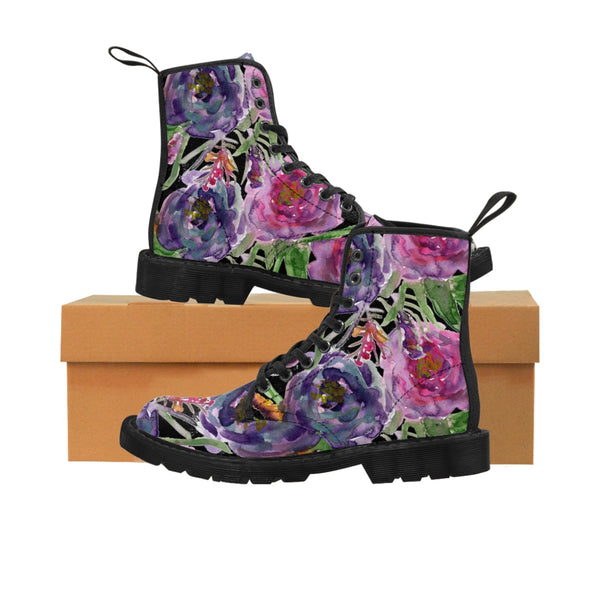 Black Pink Rose Women's Boots, Mixed Floral Print Elegant Feminine Casual Fashion Gifts, Flower Rose Print Shoes For Rose Lovers, Combat Boots, Designer Women's Winter Lace-up Toe Cap Hiking Boots Shoes For Women (US Size 6.5-11)