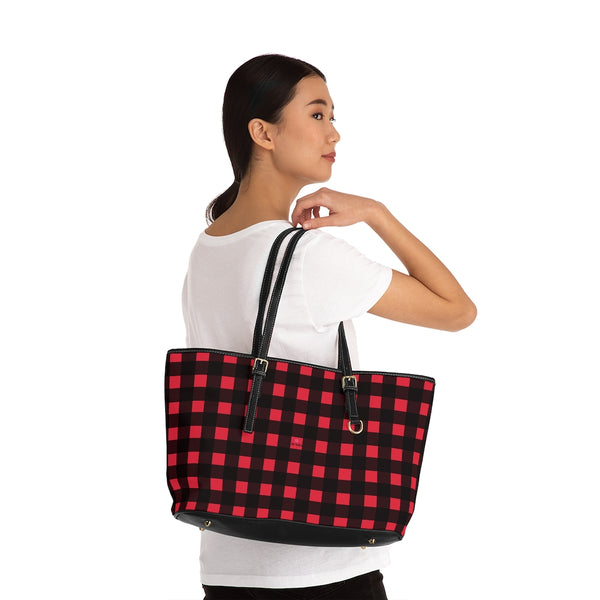 Red Buffalo Print Tote Bag, PU Leather Shoulder Hand Work Bag