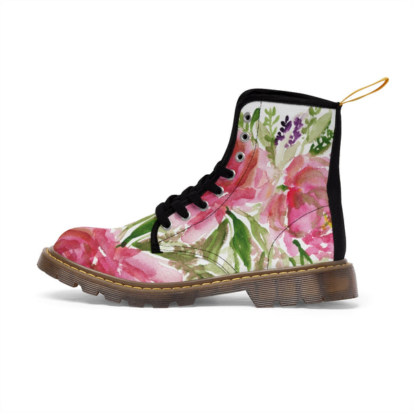 Rose Floral Print Women's Boots, Watercolor Rose Flower Printed Ladies' Combat Hiking Boots