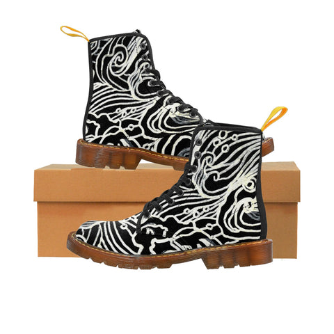 Black Japanese Curvy Waves Pattern Designer Women's Winter Lace-up Toe Cap Boots-Women's Boots-Brown-US 10-Heidi Kimura Art LLC