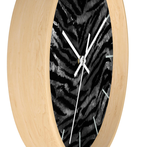 Black Tiger Stripe Wall Clock, Tiger Faux Fur Pattern Print 10" Dia. Walll Clock - Made in USA-Wall Clock-Heidi Kimura Art LLC