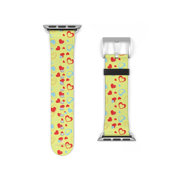 Light Yellow Red Hearts Shaped Valentines Day Print Premium 38mm/42mm Watch Band- Made in USA-Watch Band-38 mm-Silver Matte-Heidi Kimura Art LLC