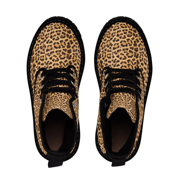 Brown Leopard Men's Canvas Boots, Animal Print Designer Winter Laced-up Boots For Men-Shoes-Printify-Heidi Kimura Art LLC
