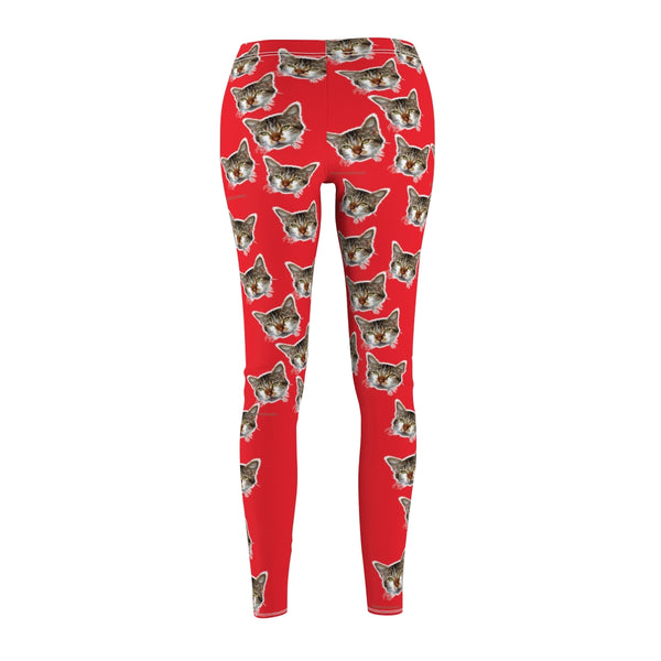 Red Brown Peanut Meow Cat Cute Calico Print Women's Fancy Casual Leggings- Made in USA-All Over Prints-Heidi Kimura Art LLC