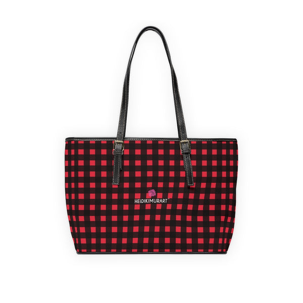 Red Plaid Print Tote Bag, Best Stylish Buffalo Plaid Printed Fashionable Printed PU Leather Shoulder Large Spacious Durable Hand Work Bag 17"x11"/ 16"x10" With Gold-Color Zippers & Buckles & Mobile Phone Slots & Inner Pockets, All Day Large Tote Luxury Best Sleek and Sophisticated Cute Work Shoulder Bag For Women With Outside And Inner Zippers