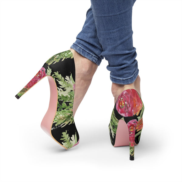 Red Rose Floral Print Women's 4" Platform Heels (US Size 5-11)-4 inch Heels-Heidi Kimura Art LLC
