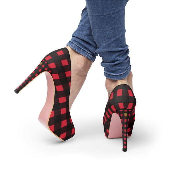 Classic Londoner Red Black Buffalo Plaid Print Women's Platform 4 inch Heels Shoes-4 inch Heels-Pink-US 7-Heidi Kimura Art LLC