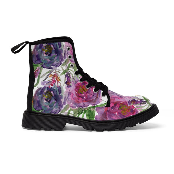 Abstract Pink Floral Women's Boots, Purple Pink Mixed Flower Rose Print Elegant Feminine Casual Fashion Gifts, Flower Rose Print Shoes For Rose Lovers, Combat Boots, Designer Women's Winter Lace-up Toe Cap Hiking Boots Shoes For Women (US Size 6.5-11)