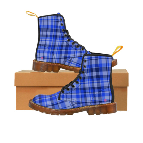 Blue Plaid Women's Combat Boots, Best Blue Plaid Print Canvas Boots For Women, Elegant Feminine Casual Fashion Gifts, Hunting Style Combat Boots, Designer Women's Winter Lace-up Toe Cap Hiking Boots Shoes For Women (US Size 6.5-11)