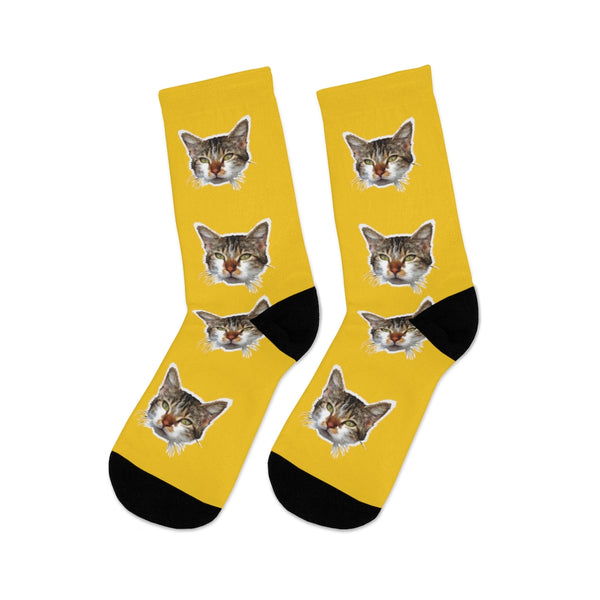 Bright Yellow Cat Print Socks, Cute Calico Cat One-Size Premium Socks- Made in USA-Socks-One size-Heidi Kimura Art LLC