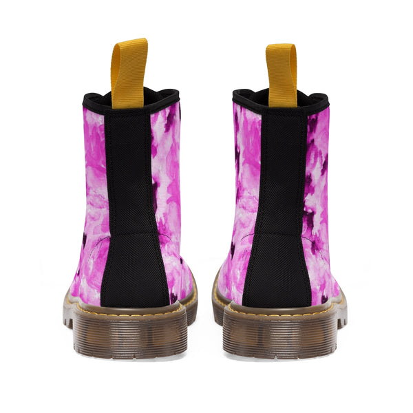 Hot Pink Rose Floral Print Girlie Premium Designer Women's Winter Lace-up Toe Cap Boots-Women's Boots-Heidi Kimura Art LLC 