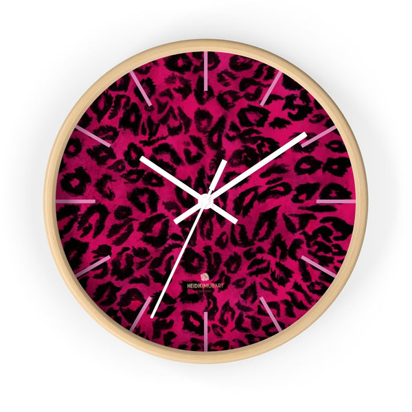 Hot Pink Leopard Animal Print Large Unique Wall Clocks For Vegan Lovers- Made in USA-Wall Clock-10 in-Wooden-White-Heidi Kimura Art LLC