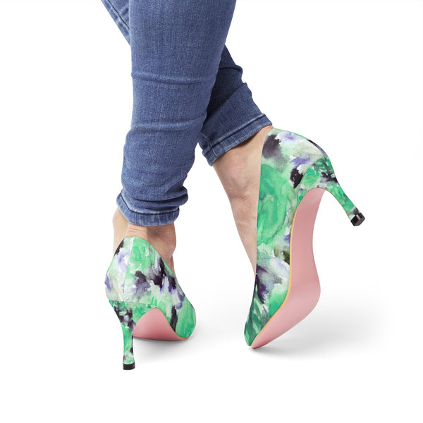 Turquoise Blue Floral Print Women's Designer 3" Wedding High Heels (US Size 5-11)-3 inch Heels-Heidi Kimura Art LLC