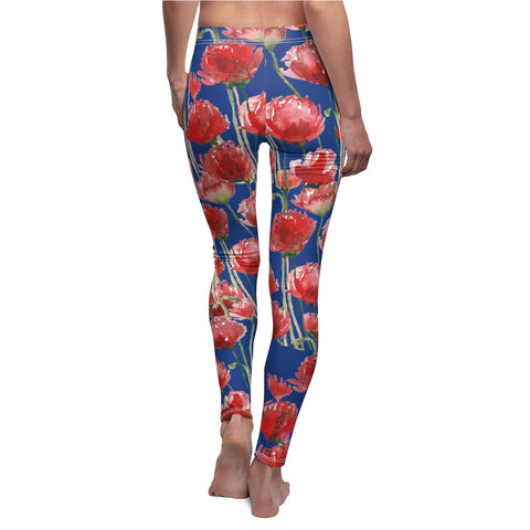 Blue Poppy Flower Tights, Best Blue and Red Poppy Flower Cute Elegant Chic Designer Watercolor Floral Print Skinny Fit Best Long Women's Tights / Fashion Floral Print Skinny Fit Designer Premium Quality Casual Leggings - Made in USA (US Size: XS-2XL) Plus Size Available&nbsp;