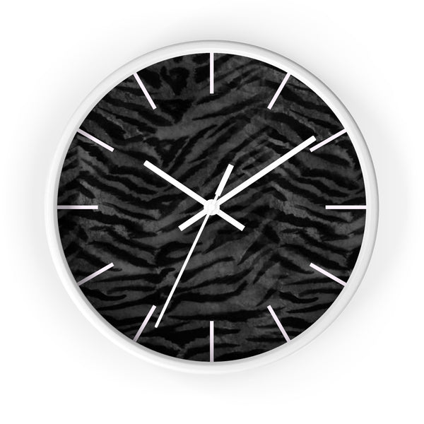 Black Tiger Stripe Wall Clock, Animal Print 10 inch Diameter Indoor Clock-Made in USA-Wall Clock-White-White-Heidi Kimura Art LLC