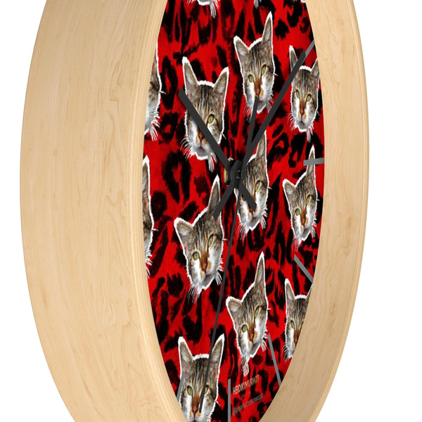 Red Leopard Cat Wall Clock, Peanut Meow Cat Print 10" Dia. Large Clocks- Made in USA-Wall Clock-Heidi Kimura Art LLC