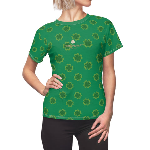 Dark Green Clover Pattern Print St. Patrick's Day Women's Crewneck Tee- Made in USA-Women's T-Shirt-L-White Seams-4 oz.-Heidi Kimura Art LLC
