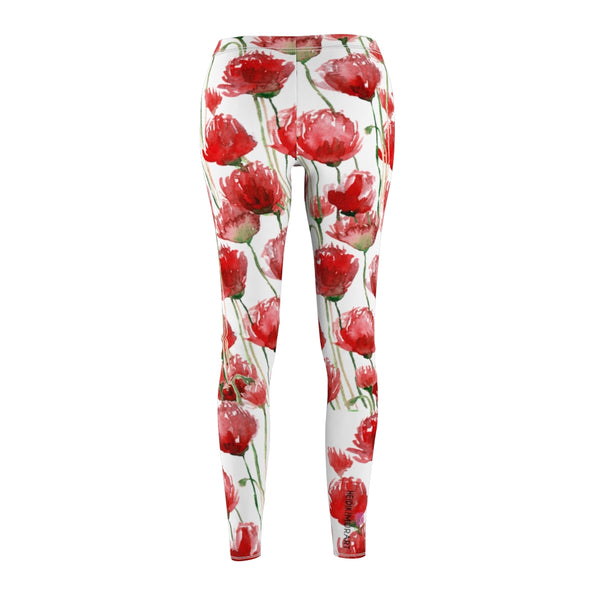 Red Poppy Floral Casual Tights, Women's Floral Casual Leggings