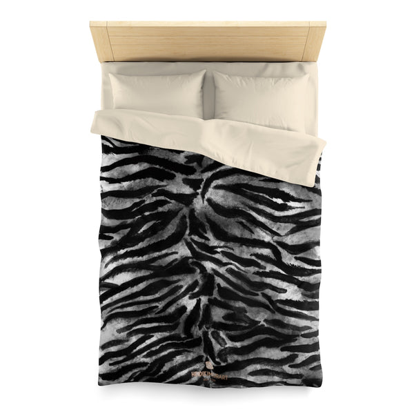 Gray Tiger Striped Duvet Cover, Black Bengal Tiger Print Queen/ Twin Size Microfiber Cover-Duvet Cover-Twin-Cream-Heidi Kimura Art LLC