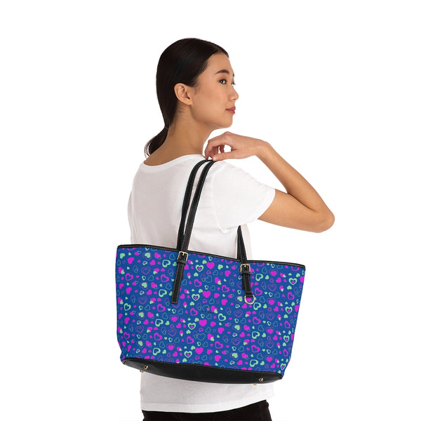 Blue Hearts Print Tote Bag, PU Leather Shoulder Hand Work Bag