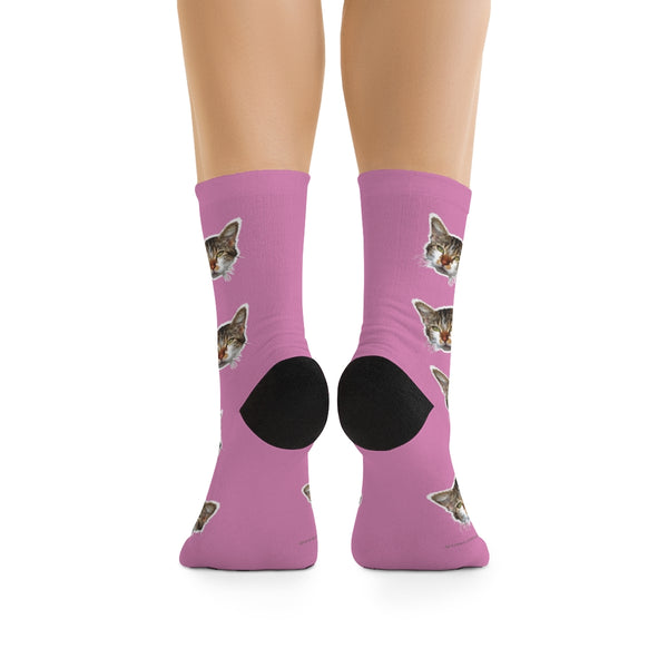 Light Pink Cat Print Socks, Cute Calico Cat Print One-Size Knit Premium Socks- Made in USA-Socks-One size-Heidi Kimura Art LLC