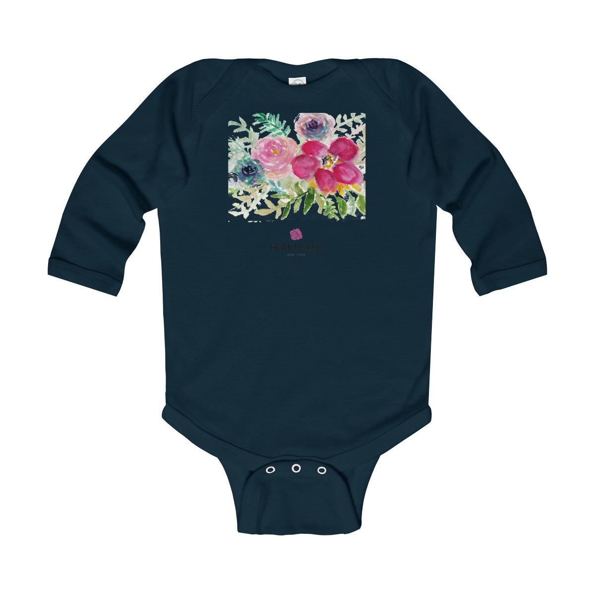 Red Hibiscus Floral Infant Baby's Long Sleeve Bodysuit - Made in UK (UK Size: 6M-24M)-Kids clothes-Navy-18M-Heidi Kimura Art LLC