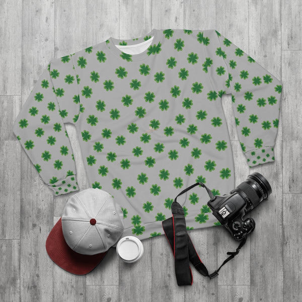 Light Gray St. Patrick's Day Green Clover Print Unisex Couple's Sweatshirt- Made in USA-Unisex Sweatshirt-Heidi Kimura Art LLC