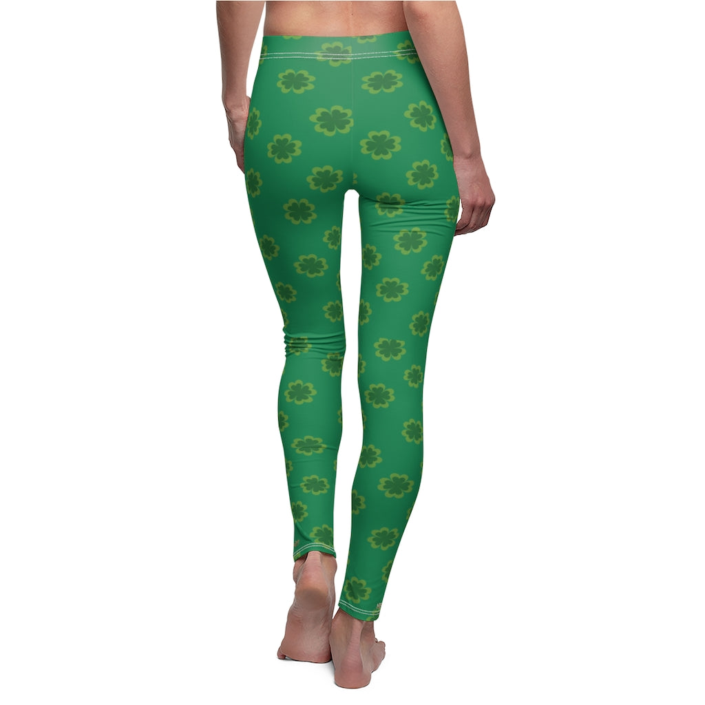 Green St. Patrick's Day Green Clover Print Women's Dressy Long Casual Leggings- Made in USA-Casual Leggings-White Seams-M-Heidi Kimura Art LLC